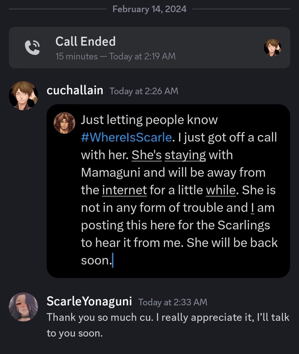 FeileacanCu's tweet photo. Just letting people know #WhereIsScarle. I just got off a call with her. She's staying with Mamaguni and will be away from the internet for a little while. She is not in any form of trouble and I am posting this here for the Scarlings to hear it from me. She will be back soon. https://t.co/fERdUzMNwi