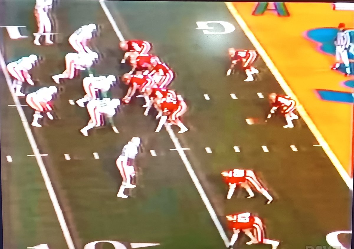 The first formation the 49ers came out with in 1985 for their Super Bowl win over the Dolphins. Both WR's in a 3 point stance. My how times have changed. The famous killer bee's defense of the Dolphins. 9 out of 11 players on their defense last names started with the letter B