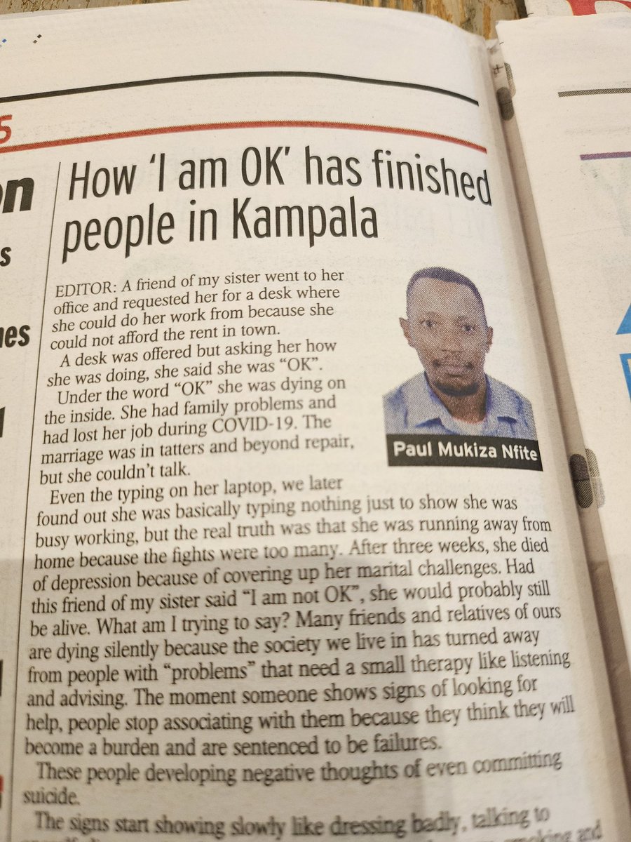Maurice Mugisha (@mauricemugisha) on Twitter photo 'I am ok' syndrome killing many in the corporate space in Uganda. Thanks <a href="/pnfite/">Mukiza Paul Nfite</a> for penning this, an eye opener! Let's check on our friends! 🙏 'I am ok' syndrome killing many in the corporate space in Uganda. Thanks <a href="/pnfite/">Mukiza Paul Nfite</a> for penning this, an eye opener! Let's check on our friends! 🙏