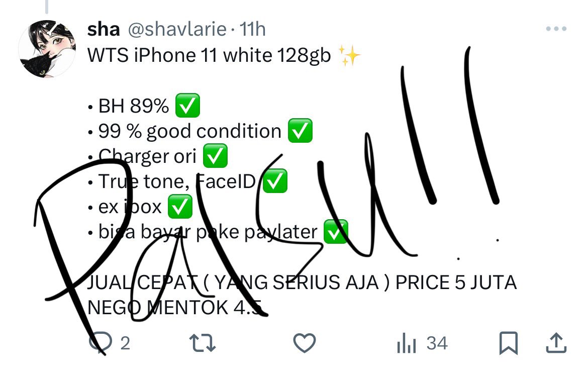 aiszhra__'s tweet photo. wts wtb iphone. 

✨HATI-HATI PENIPUAN✨ 

Guyss, siapapun tolong jangan pernah beli hp dari akun @shavlarie yaa. Hp yang dia jual adalah hp punya boss ku yang saat ini sudah kejual. https://t.co/WwmjA8N6Qk
