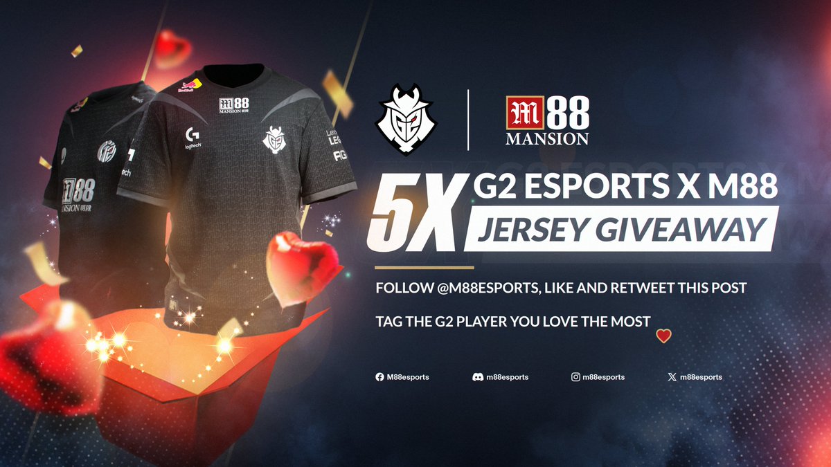 M88 Mansion Esports (@m88esports) on Twitter photo Love is in the air❤️ #G2MANSION #G2ARMY
Up to 5 G2 Esports x M88 Jerseys to be given away!
🔧To Join:
⬛Follow <a href="/m88esports/">M88 Mansion Esports</a>
⬛Like & RT
💬Reply and tag the G2 Player you love the most! ❤️ #CS2 #DOTA2 Love is in the air❤️ #G2MANSION #G2ARMY
Up to 5 G2 Esports x M88 Jerseys to be given away!
🔧To Join:
⬛Follow <a href="/m88esports/">M88 Mansion Esports</a>
⬛Like & RT
💬Reply and tag the G2 Player you love the most! ❤️ #CS2 #DOTA2