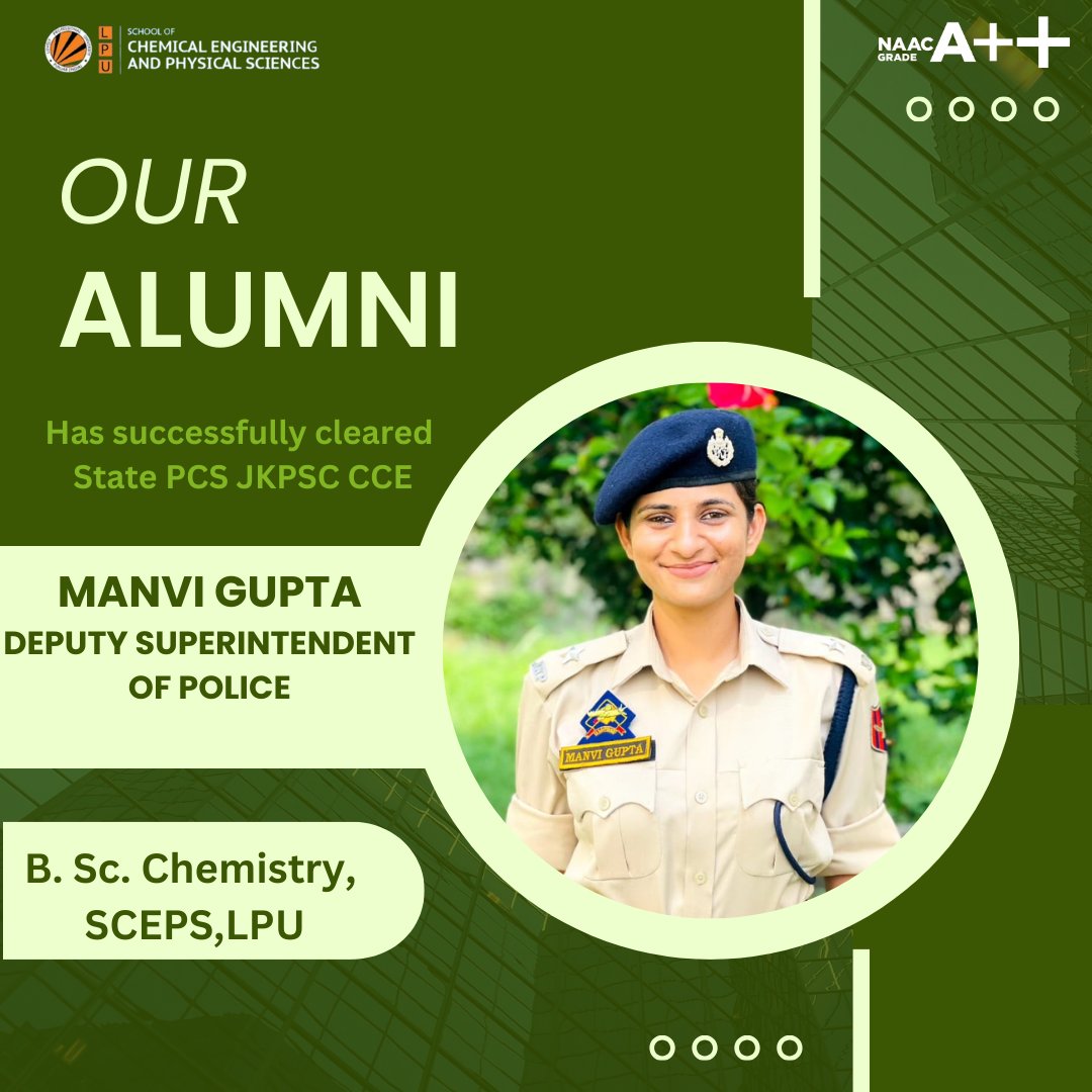 Congratulations Manvi Gupta!
We are glad to share that our Alumni, Manvi Gupta a student of LPU, B.Sc. Chemistry has successfully qualified State PCS JKPSC CCE exam with rank 76 and deputed as Deputy Superintendent of Police. 
#lpu#lpuuniversity#bestuniversity