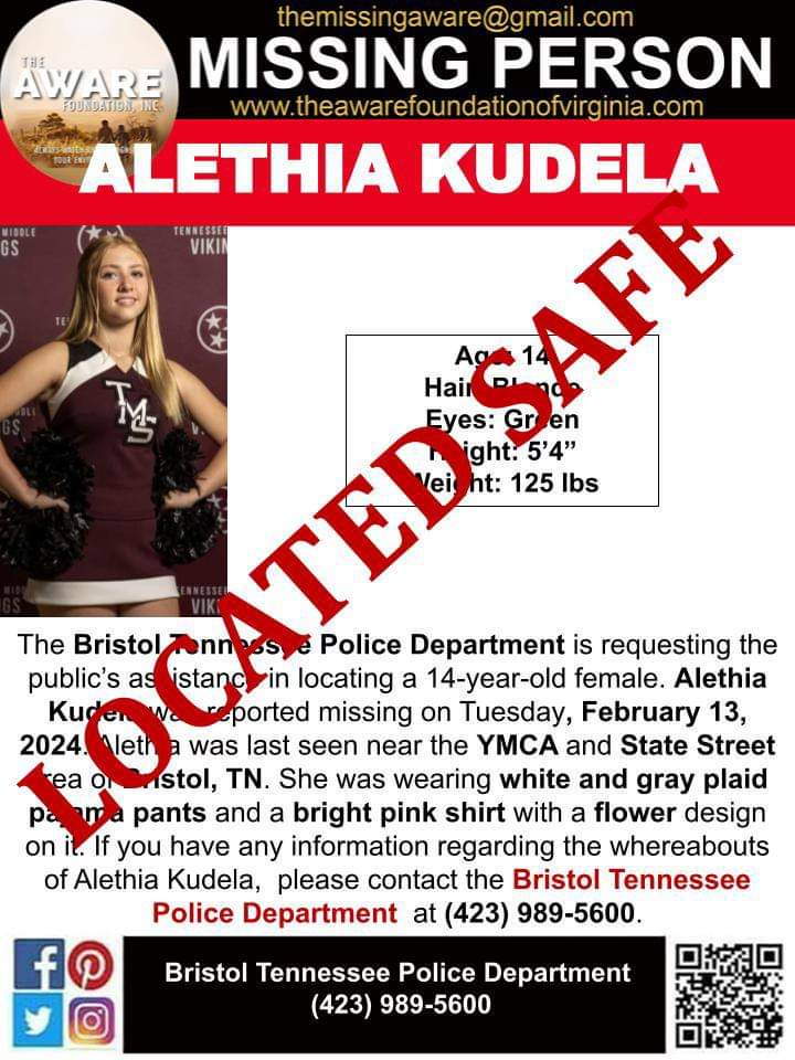UPDATE: ALETHIA KUDELA has been located and is SAFE. Thanks again for your help.

#TheAWAREFoundation, #missingperson, #MissingJuvenile, #bristoltn, #bristolva, #BristolTNVA