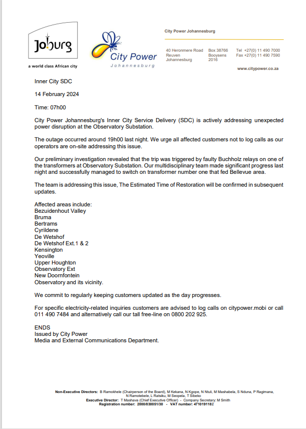 CityPowerJhb's tweet photo. #CityPowerUpdates #InnerCitySDC
#ObservatorySubstation operators are on-site addressing the issue. Kindly see full details below. ^IM https://t.co/vtzJJl2W2A
