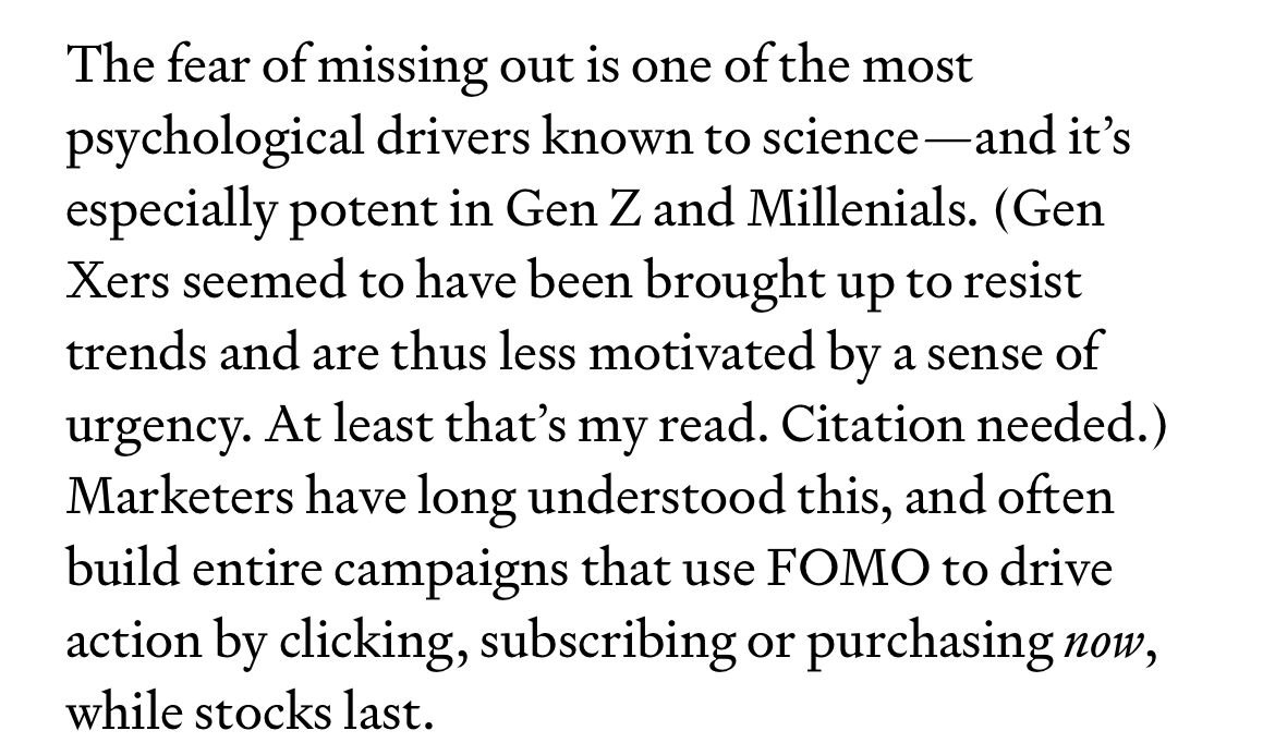 I was thinking about this generational tendency (captured by Naomi Klein's NO LOGO) again after reading this excellent explainer from <a href="/ChrisHarrigans/">Chris Harrigan</a> about why YT never shows me Mr Beast vids.