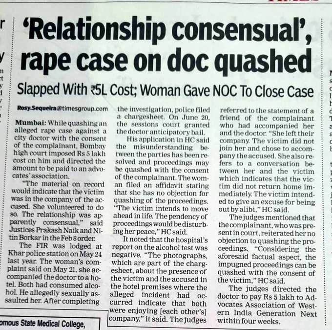 -Woman filed raped case
-Man got arrested
-Turns out to be a #FalseAllegations 
-The case is quased by Bombay HC

But also imposed Rs 5 lakh cost on him and directed the amount to be paid to an advocates’ association

As usual, NO sign of punishment to the woman who filed the…
