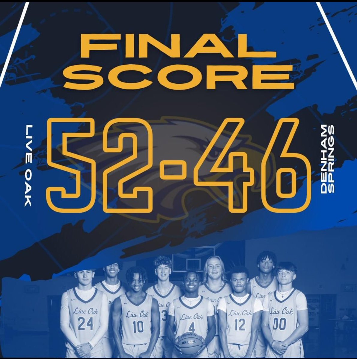 The Eagles pick up another district win against a very good Denham Springs High team. They are well coached and well respected! I’m proud of my Eagles! #GeauxEagles #💙💛🏀
Nate Casher-6
Clayton Ray-13
Jordan Magee-2
Travern Barnes-6
MJ Washington-11
Hayden Ray-14