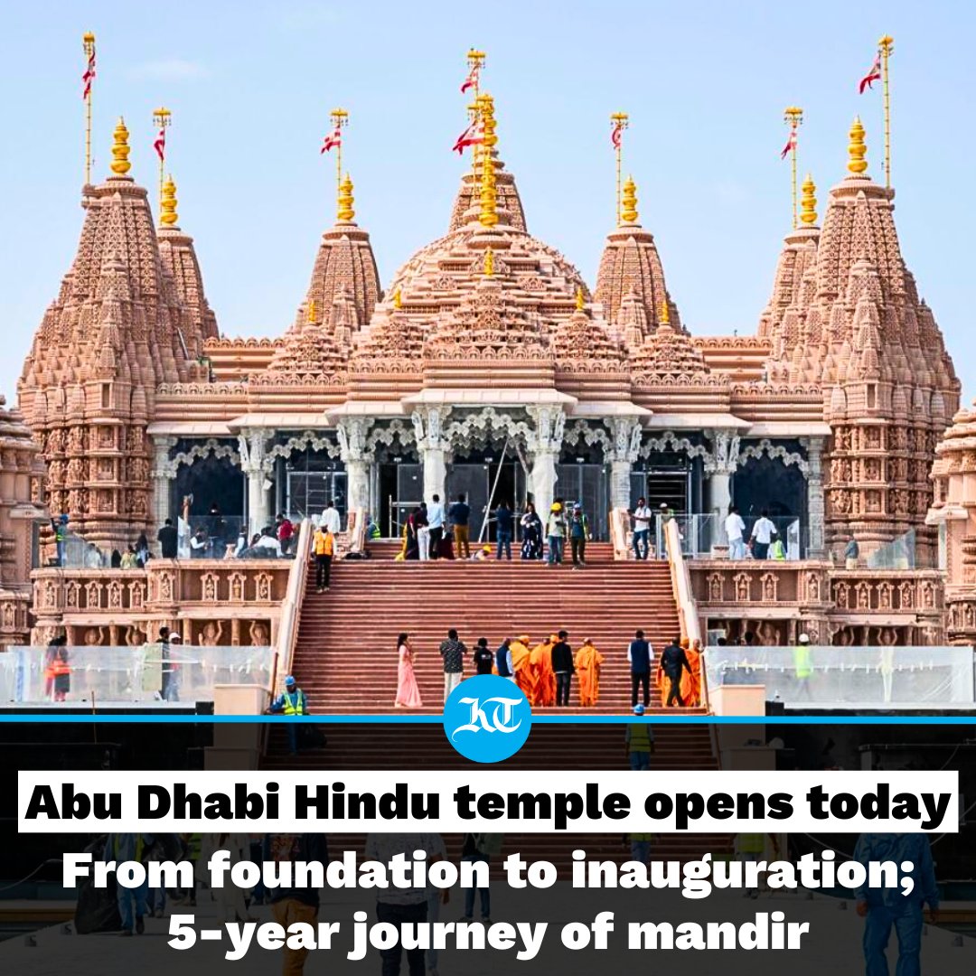 khaleejtimes's tweet photo. The construction of the #MiddleEast’s first traditional Hindu stone temple has been a long journey filled with major milestones and cherished moments.

Ever since the laying of the foundation stone five years back, there has been no stopping the making of this architectural splendour in #AbuMureikhah. 

Here’s a selection of the #BAPSHindumandir’s (temple) timeline as the temple gets inaugurated in #AbuDhabi this evening: https://t.co/hmcJytxcBP