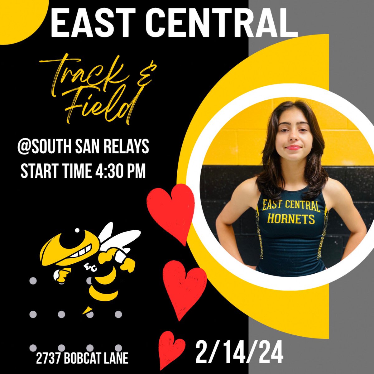 EC Cross Country /TrackNField (@_eccrosscountry) on Twitter photo Join the love and support your East Central Track & Field at the South San Relays !!
2/14/24 ❤️🐝💛🖤
<a href="/_ECAthletics/">ECHS Hornet Athletics</a>
<a href="/booster_ec/">EC ATHLETIC BOOSTER CLUB</a>
<a href="/_ECCrosscountry/">EC Cross Country /TrackNField</a>
<a href="/ArriolaSuzette/">Suzette Arriola</a>
<a href="/maggiwelham/">Coach Welham</a>
<a href="/_ECTrackNField/">EC Track & Field</a> Join the love and support your East Central Track & Field at the South San Relays !!
2/14/24 ❤️🐝💛🖤
<a href="/_ECAthletics/">ECHS Hornet Athletics</a>
<a href="/booster_ec/">EC ATHLETIC BOOSTER CLUB</a>
<a href="/_ECCrosscountry/">EC Cross Country /TrackNField</a>
<a href="/ArriolaSuzette/">Suzette Arriola</a>
<a href="/maggiwelham/">Coach Welham</a>
<a href="/_ECTrackNField/">EC Track & Field</a>