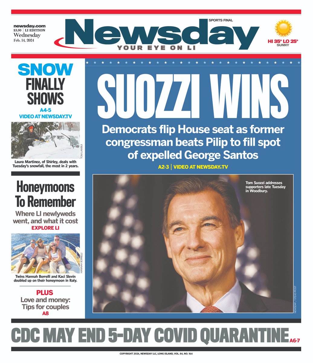 DougDuttonND's tweet image. Wednesday's @newsday cover: Suozzi beats Pilip in snowy special election to fill seat of expelled George Santos. By @ScottEidler and @paullarocco  newsday.com/preview/long-i…