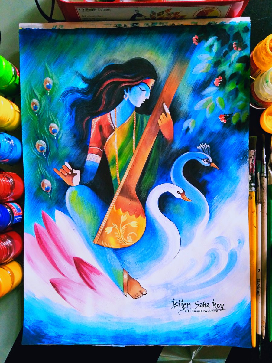 Poster colour on paper 🖌️🎨 (old work) #saraswatipuja2024 #saraswatipuja #art #artworks #painting #drawing #bijon
