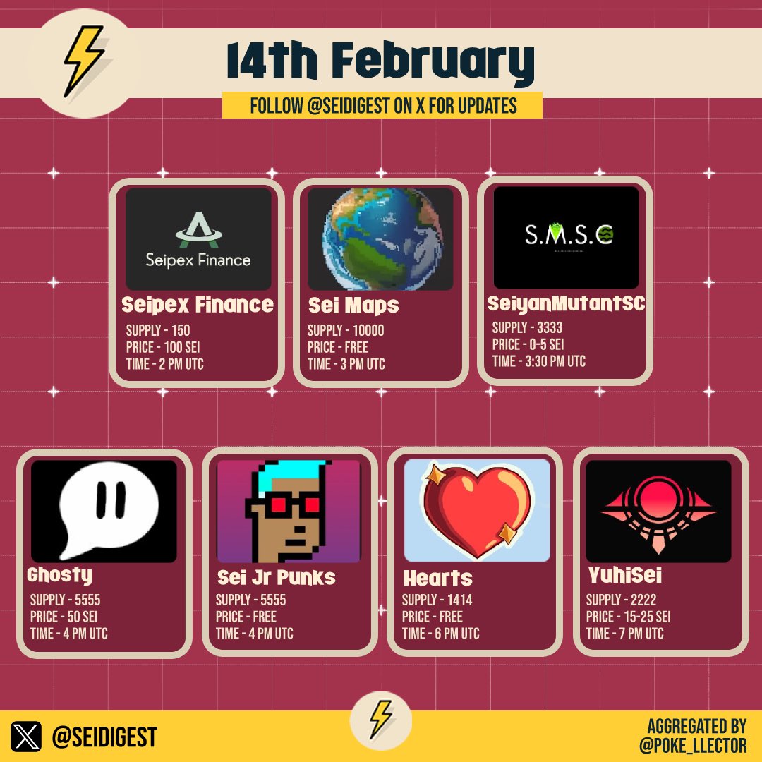 SeiDigest's tweet photo. 14th February Mints on @SeiNetwork 🔴💨

@Seipex_Fi
150
14:00 UTC
Public 100 SEI 

@Sei_Maps
10000
15:00 UTC
Free Mint

@seiyanmutant
3333
15:30 UTC
OG Free / WL 3 SEI / Public 5 SEI

@GhostyChat
5555
16:00 UTC
OG / WL / Public 50 SEI

@Sei_Jr_Punks
5555
16:00 UTC
Free Mint 

@SeiHearts
1414
18:00 UTC
Free Mint

@yuhisei
2222
19:00 UTC
OG 15 SEI / WL 20 SEI / Public 25 SEI

(NFA, DYOR)

Aggregated by @Poke_llector

#SeiDigest #SeiMintsToday