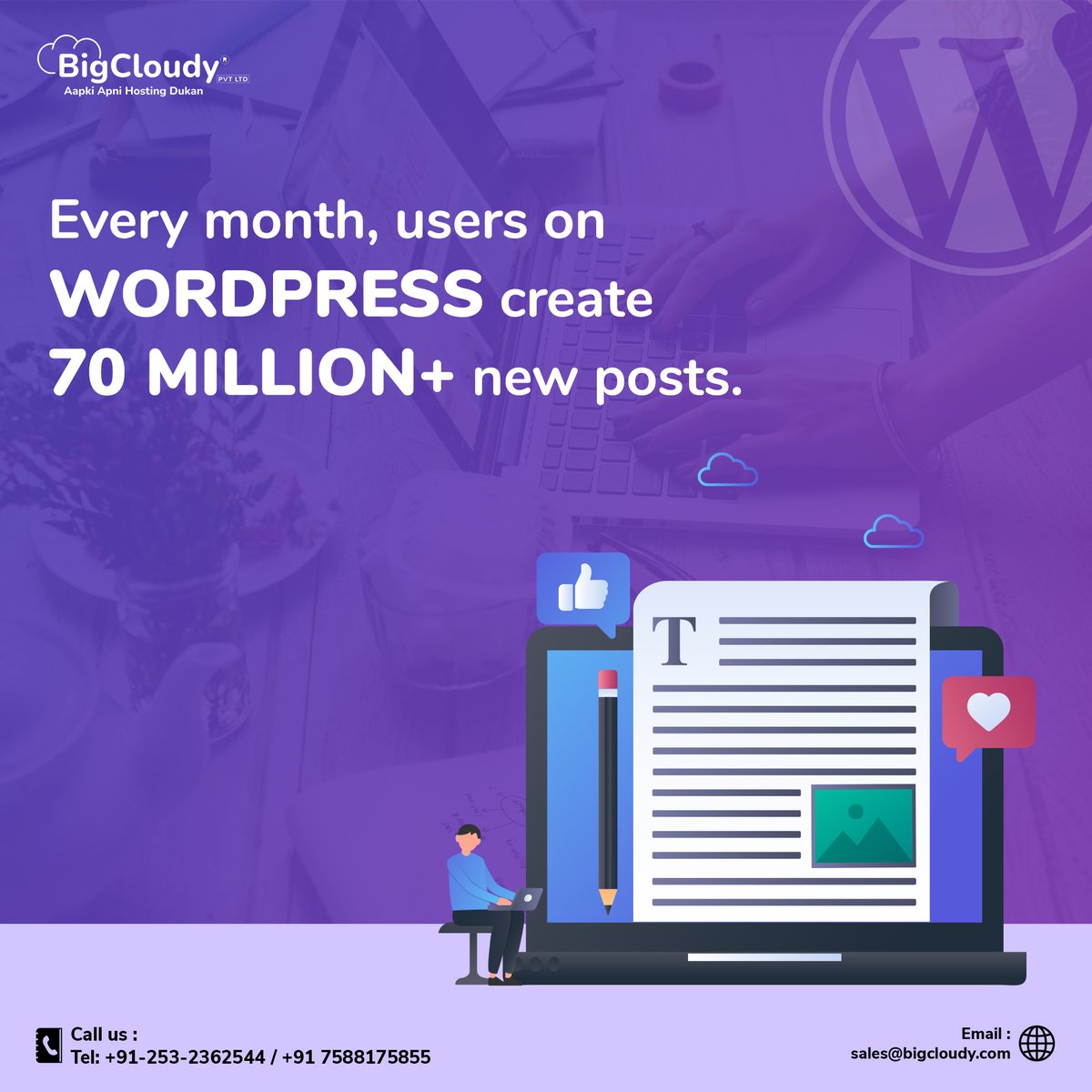 It's #WordPressWednesday! 🌟 Did you know 🤔 that every month, users 👨🏻‍💻  on WordPress 🌐 create a staggering 70 million new posts?  📄   

Follow us 🙋🏻‍♂️ for more WordPress facts and tips every week! ✅

#WordPress #wordpresswebsite #BigCloudy #facts #webhosting