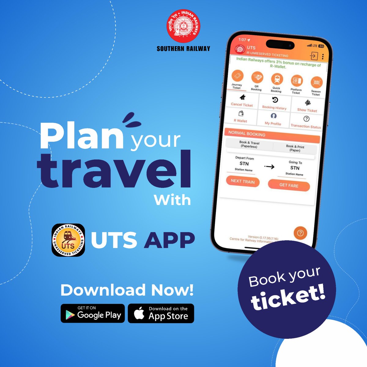 drm_tvc's tweet photo. Discover effortless train travel! Simplify booking your regular tickets via the #UTS App for quick online transactions. Embrace advanced tech for a seamless travel experience. #SwitchToOnline #TravelSmart #Trains #SouthernRailway #IndianRlys https://t.co/cAmM7X9Anr