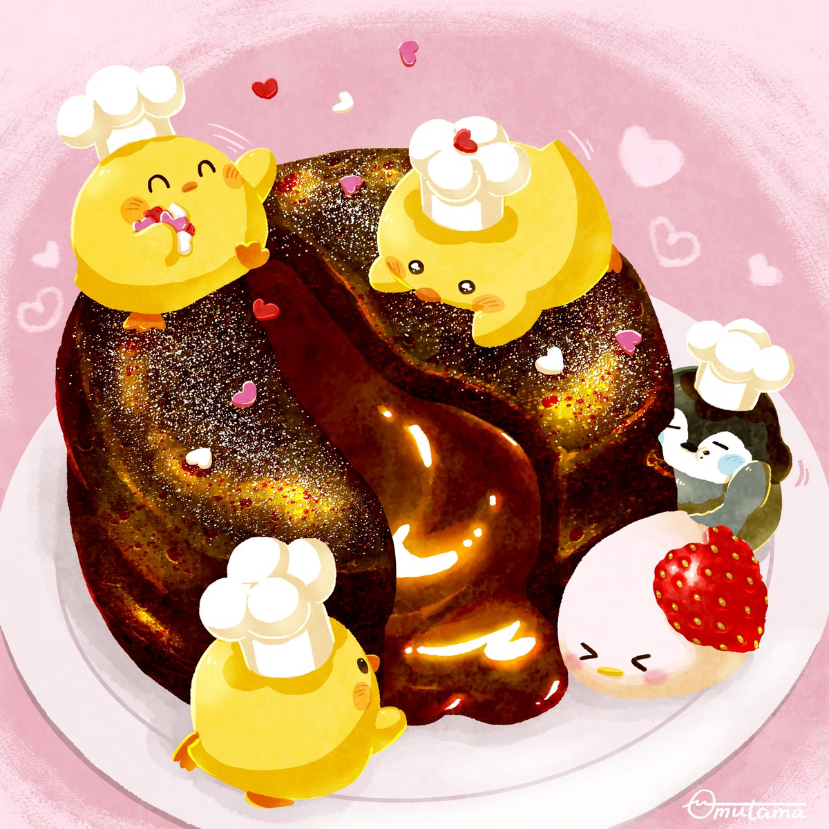 omutama_studio's tweet photo. ひよこシェフズととろけるフォンダンショコラ🐥🍫🐥

#イラスト #ゆるいイラスト #illustration #バレンタイン https://t.co/NTVuHl70ll