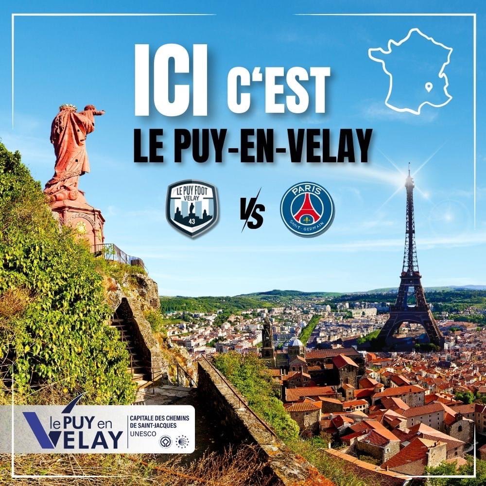 ICI C'EST ? ⚽

Quand la capitale des #cheminsdeSaintJacques tutoie la capitale parisienne 🇨🇵
C'est au stade Massot ce mercredi à 14h30. Merci à nos ambassadrices vellaves du ballon rond Le Puy Foot 🔵⚪

#PSG #lepuyenvelay #football #coupedefrance