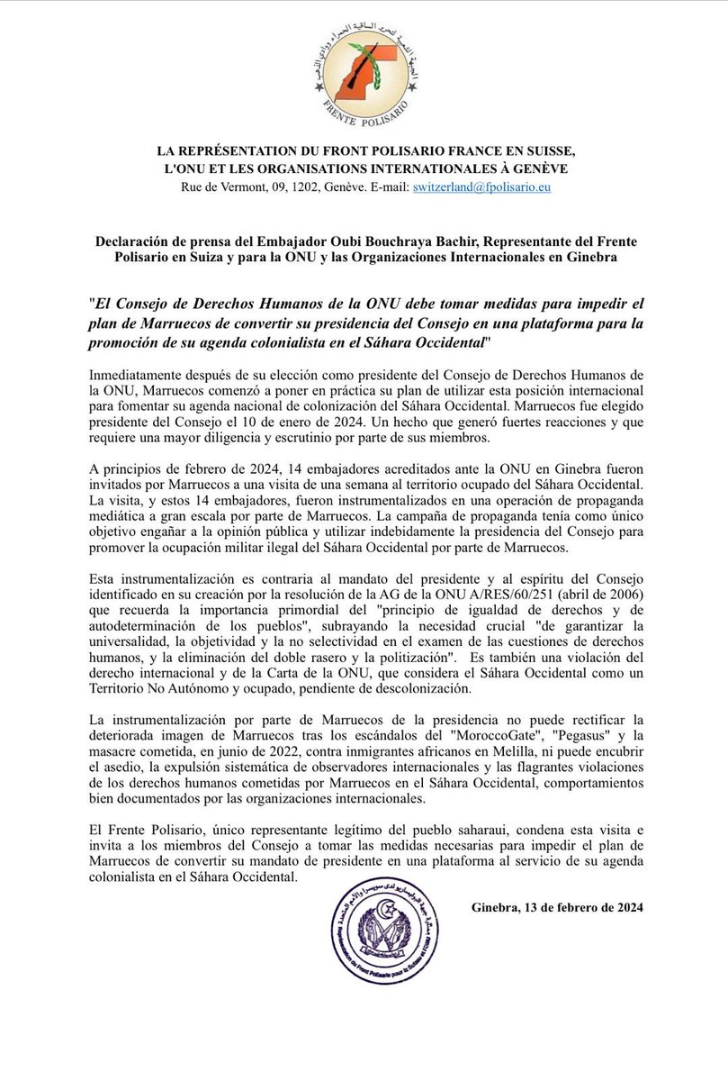 'El Consejo de Derechos Humanos de la ONU debe tomar medidas para impedir el plan de Marruecos de convertir su presidencia del Consejo en una plataforma para la promoción de su agenda colonialista en el Sáhara Occidental' Declaración de prensa del Embajador Oubi Bouchraya Bachir…