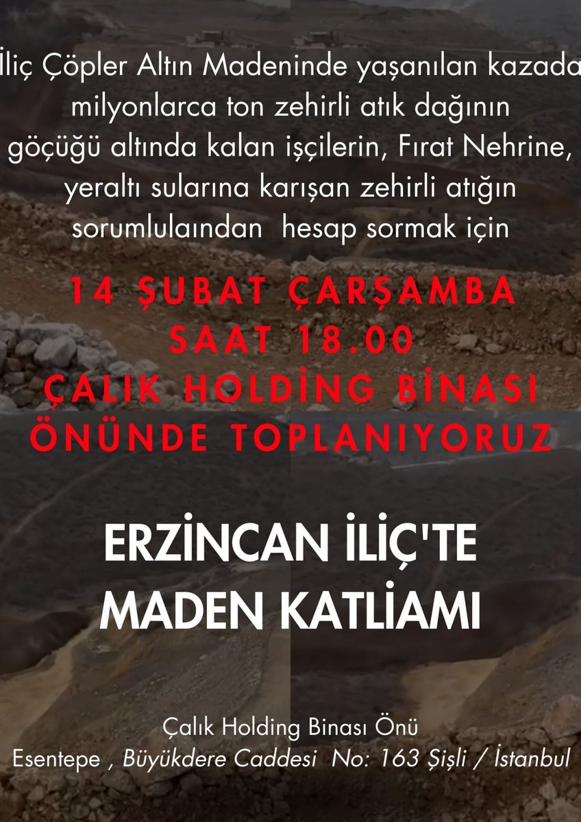 Çevre ve ekoloji  savunucuları olarak  bugün saat 18:00'de  İstanbul Çalık Holding önündeyiz.

Doğayı, emeği, insanı katleden kapitalist köleliğe karşı, yaşamı  savunanlar  birarada..

İliçÖlümMadeniKapatılsın!