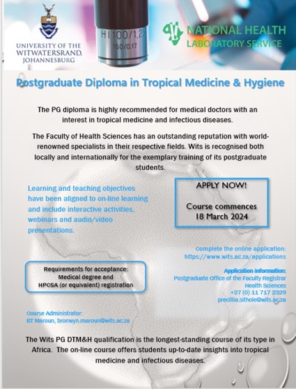 Interested in learning about Tropical Diseases and Hygiene? Come join our @WitsDTMH diploma course at @WitsHealthFac. There is still time to register. Fully online! Please help spread the word... More info on the course at wits.ac.za/course-finder/…