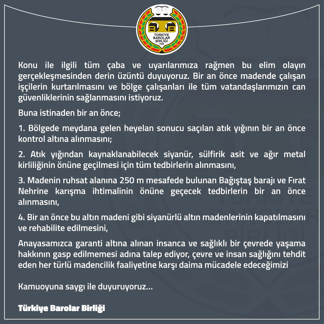 Erzincan İliç'te Yaşanan Çevre Felaketinin Nedeni Hukuksuzluktur

👉 tbb.av.tr/1106