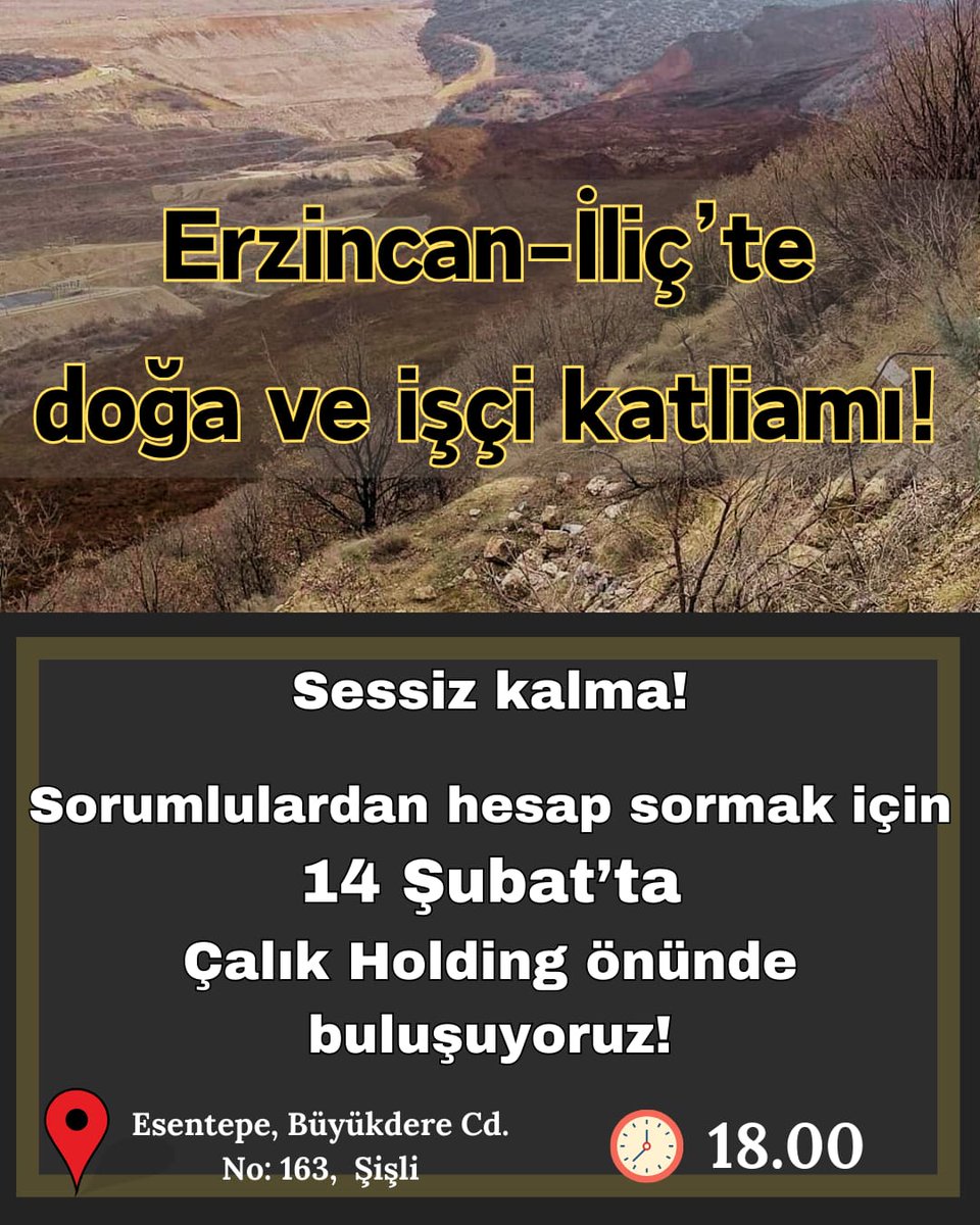 ÇALIK HOLDİNG ÖNÜNDEYİZ!
Doğa ve Emek hakları  savunucuları olarak  bugün saat 18:00'de  İstanbul Çalık Holding önündeyiz.  
Doğayı, emeği, insanı katleden kapitalist köleliğe karşı, yaşamı  savunanlar  birarada..
İliçÖlümMadeniKapatılsın!
#İliçAltınMadeniniKapat