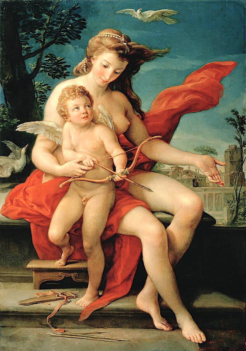 Cupid’s getting some last-minute instruction, ahead of his big day today. (Venus and Cupid, Pompeo Batoni : 1785)