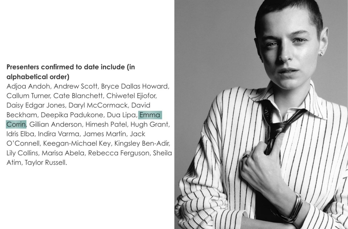 CorrinUpdates's tweet image. 📲 | Emma Corrin is announced to be one of the Presenters at the BAFTAS on Sunday!

• Ceremony to broadcast on BBC One and iPlayer from 19:00 - 21:00 (GMT)