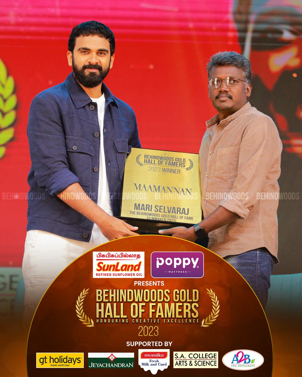 Recognizing the exceptional filmmaker Mari Selvaraj as The Behindwoods Gold Hall Of Fame Filmmaker 2023 - #Maamannan 🔥 @mari_selvaraj #poppymattress #gtholidaysin #jeyachandrantextiles #a2bofficial #viscomsacas #ktvhealthfood #BehindwoodsGoldHallOfFame #BGHF2024…