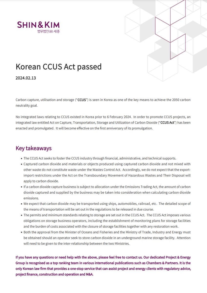 Korea sees carbon capture, utilisation and storage as one of the key means to achieving the 2050 carbon neutrality goal. The country has now passed a CCUS Act to support and promote new projects. More details: t.ly/qHriX #decarbonisation #carboncapture #CCUS #Korea