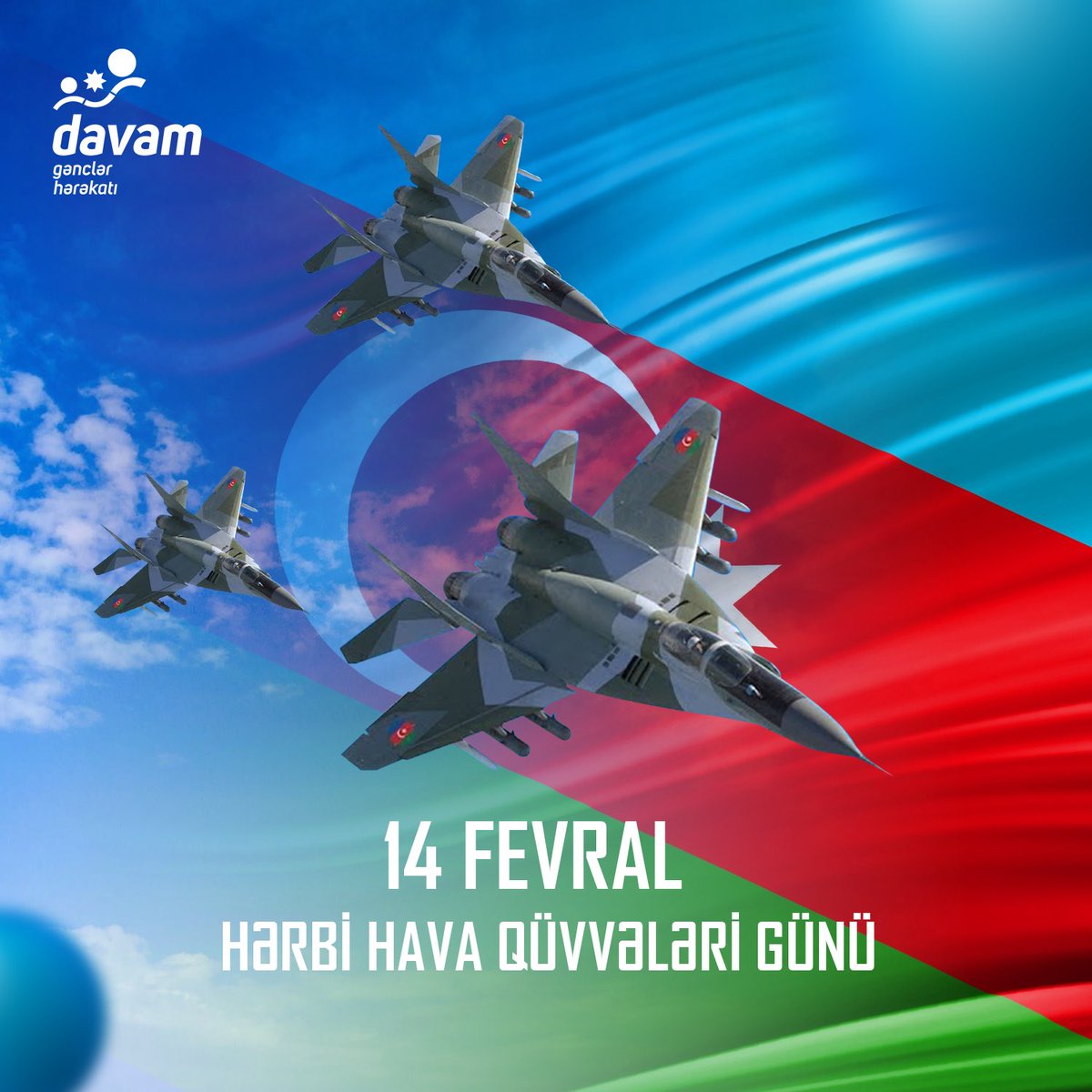 Bu gün Azərbaycan Hərbi Hava Qüvvələri Günüdür. 🛫

Bu münasibətlə Vətənimizin səmadakı keşikçilərini təbrik edir, onlara hər zaman aydın fəza arzulayırıq! 

#HərbiHavaQüvvələriGünü #14fevral #davam2024 #davamgenclerherekati