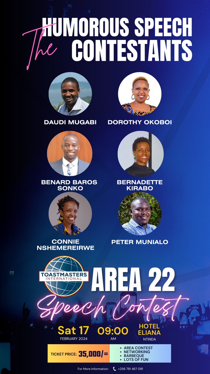 BukotoTM1's tweet photo. 🎉 Looking forward to Saturday's Area 22 Humorous speech contest! Who will emerge victorious? Good luck to all the contestants! 🌟 #HumorousSpeech #SpeechContest #Toastmasters https://t.co/Dmz2AhU53I