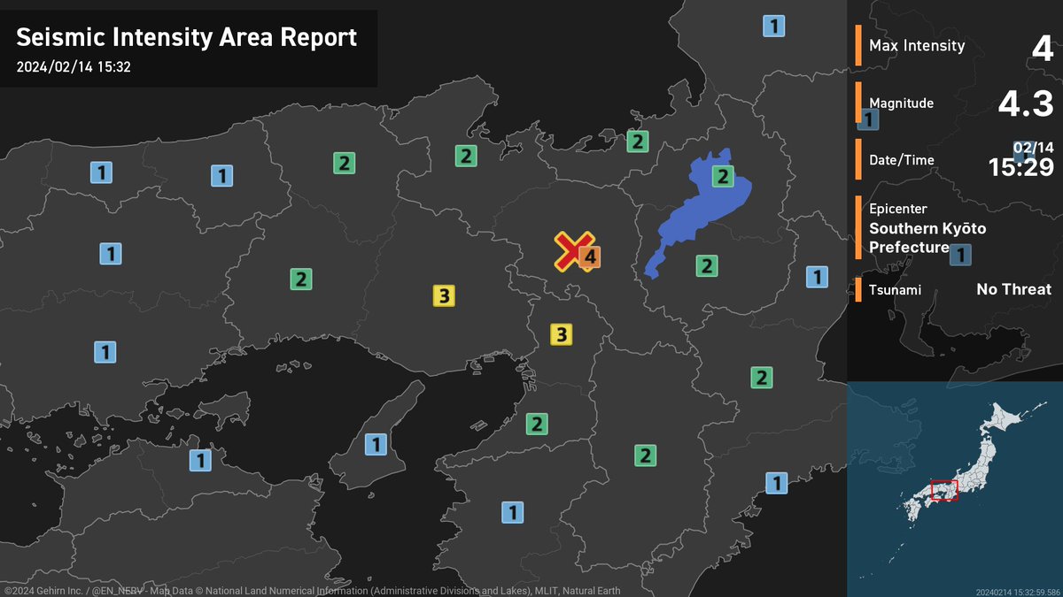 EN_NERV's tweet photo. Earthquake Detailed Report – 2/14
At around 3:29pm, an earthquake with a magnitude of 4.3 occurred in Southern Kyōto Prefecture at a depth of 10km. The maximum intensity was 4. There is no threat of a tsunami. #earthquake https://t.co/3YXYauaVRA