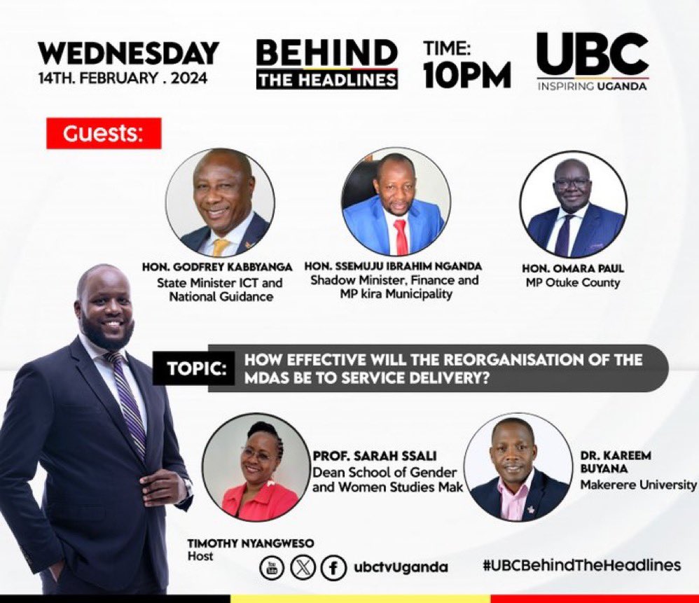 This Valentine on @ubctvuganda at 10pm. Can the rationalization of government agencies address public concerns? Let’s meet the panel @SemujjuNganda1 @PaulOmara19 @KabbyangaB @kareem_buyana