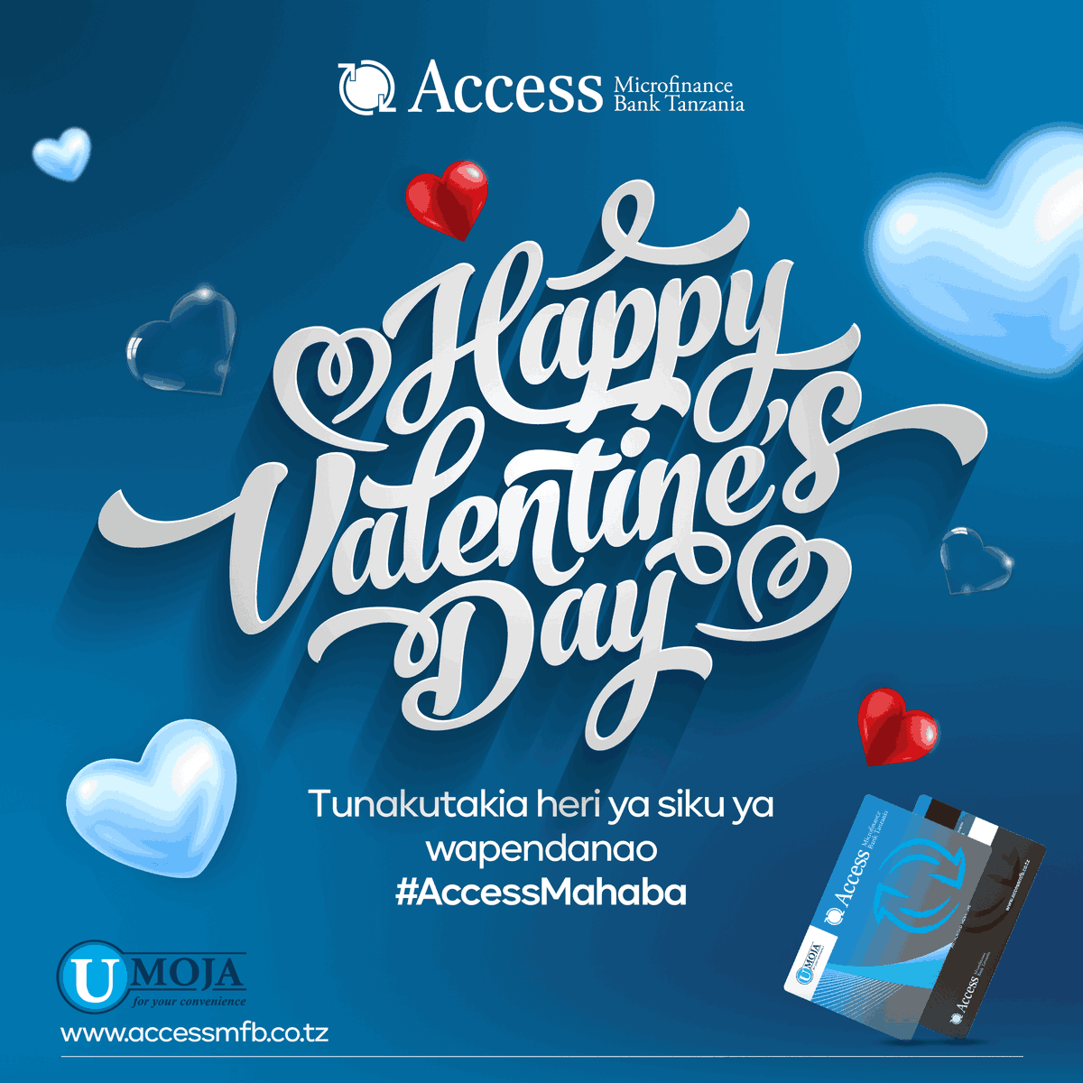 Mpendwa mteja wetu,
Access Microfinance Bank inakutakia
heri ya siku ya wapendanao.
Tunafurahi kukuhudumia kwa ufanisi na
upendo tele.
Wasiliana nasi kupitia 0746 985 840 /
0659 074 000
#AccessToLove
#ValentinesDay
#AccessMahaba