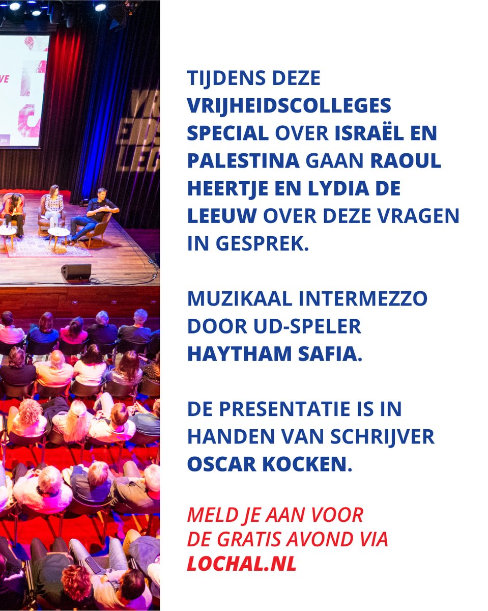 De komende maanden kun je in het hele land aanschuiven bij Vrijheidscolleges over Israël en Palestina. Op 4 maart kan dat in de <a href="/lochal013/">LocHal</a> in Tilburg met criminoloog <a href="/LydiaDeLeeuw/">Lydia de Leeuw</a> en programmamaker Raoul Heertje

vrijheidscolleges.nl/programma/312/… / vrijheidscolleges.nl/agenda (link in bio).