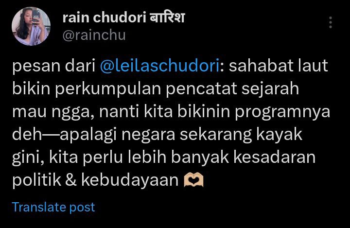 /lt Info penting buat pembaca karyanya LEILA S. CHUDORI! 

Karena skrg lg kisruh, Bu Leila ngajakin para pembaca utk membentuk PERKUMPULAN PENCATAT SEJARAH (so exciting) kayak di NAMAKU ALAM. YANG MAU JOIN RESPONS YA! 👊😭 GO GO!!