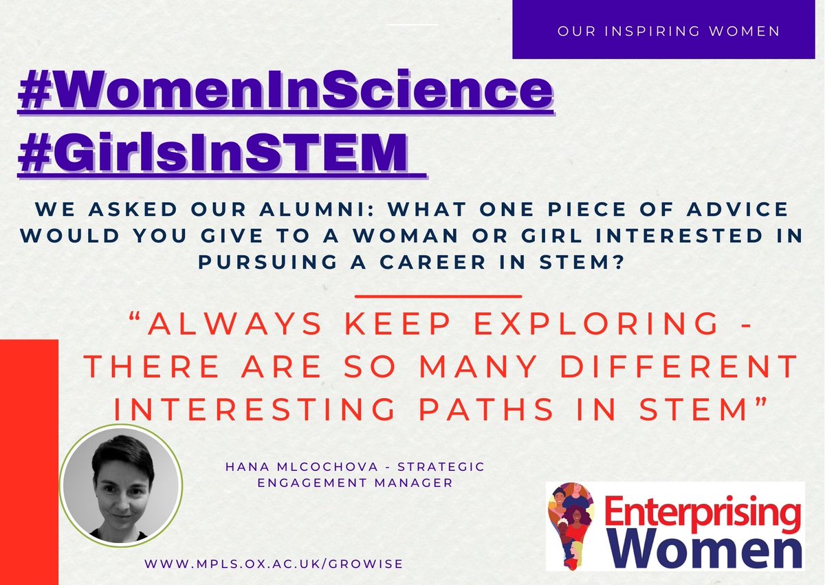 EntWomenOx's tweet photo. We continue our series of advice to mark the @UN International Day of Women + Girls in Science from our amazing #RisingWISE and #SeedWISE programme alumni: brilliant #WomenInSTEM #researchers @UniofOxford @Cambridge_Uni with the brilliant Hana Mlฤochovรก! #WomenInScienceDay https://t.co/srhbTatFmx