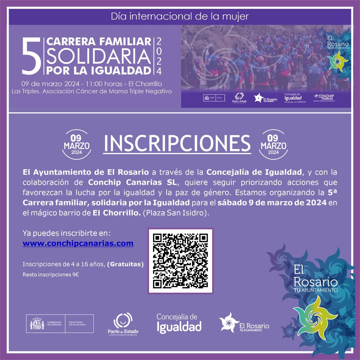 🎽💜 Ya tenemos el modelo de camiseta de la 5ª Carrera Solidaria por la Igualdad. Tendrá lugar en #ElChorrillo el 9 de marzo (11:00). A favor de Asociación <a href="/LasTriples/">Asociacion Las triples</a> de Cáncer de Mama Triple Negativo.
* Coste: 9 euros (gratuita para las personas participantes de hasta 16 años).