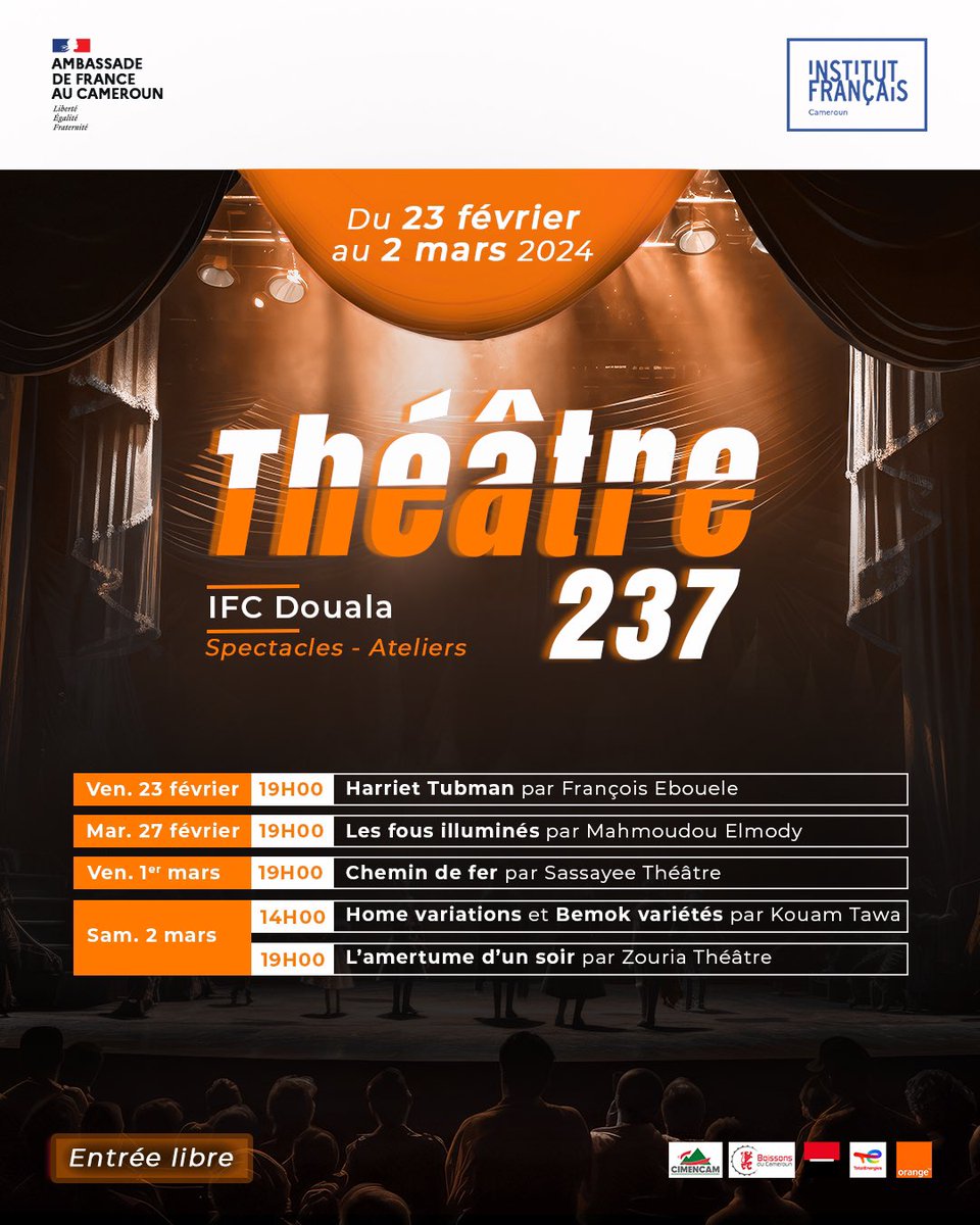 IFCameroun's tweet photo. À vos marques, REGARDEZ  ! 🎭 

Du 23 février au 2 mars 2024, le festival Théâtre 237 fera vibrer les planches de l’IFC YDÉ &amp; DOUALA. Au programme, une dizaine de spectacles, des ateliers et des lectures. 

Le programme complet à découvrir ici 👇 https://t.co/0rhqFdNpQf