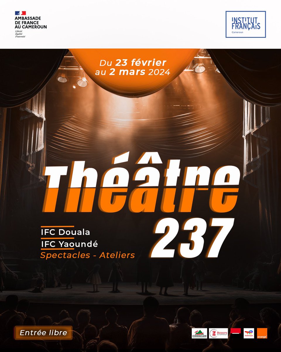 IFCameroun's tweet photo. À vos marques, REGARDEZ  ! 🎭 

Du 23 février au 2 mars 2024, le festival Théâtre 237 fera vibrer les planches de l’IFC YDÉ &amp; DOUALA. Au programme, une dizaine de spectacles, des ateliers et des lectures. 

Le programme complet à découvrir ici 👇 https://t.co/0rhqFdNpQf
