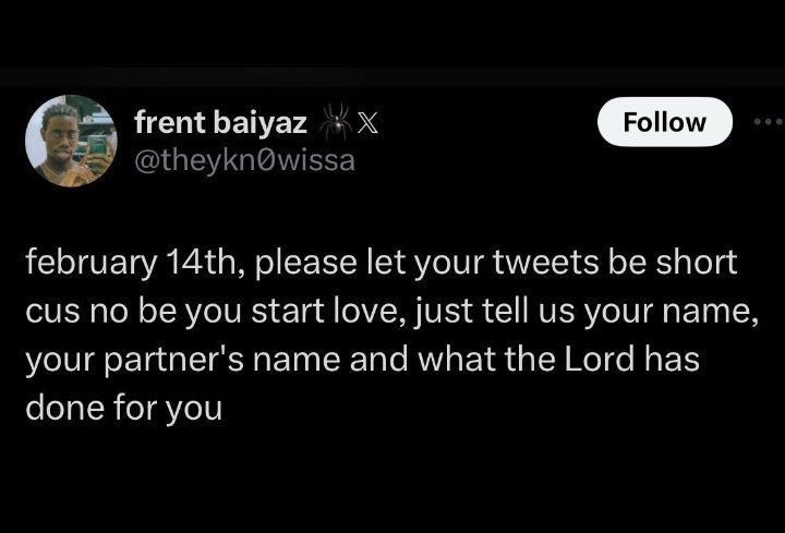 Aabispecial1's tweet photo. Name: Abigail 
Partners name: Oluwafemi 
What the Lord has done for us: We thank God for a loving and peaceful marriage. 
Somebody shout Hallelujah!!!

#ValentinesDay https://t.co/UglApbE1vI