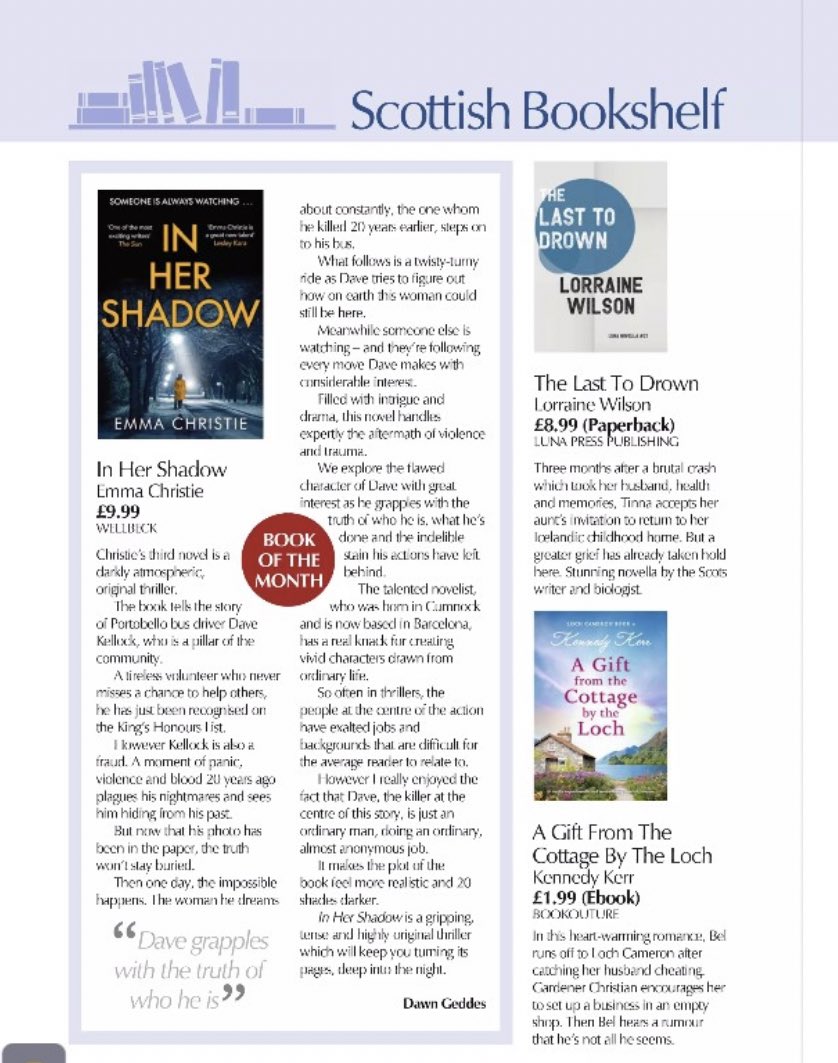 📚 “Gripping, tense and highly original” 🕺🏽 CHUFFED to see #InHerShadow is BOOK OF THE MONTH in @ScotsMagazine ! 🙏🏼 Massive thanks to @dawnsgeddes for the brilliant review 🙏🏼