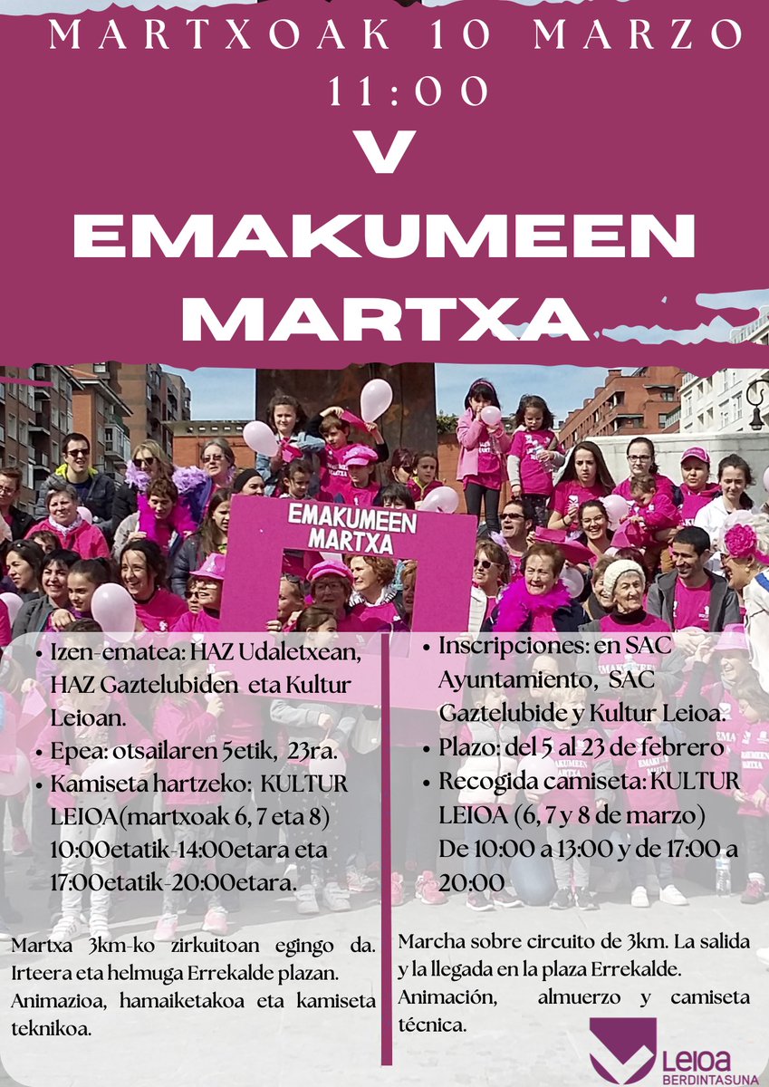 leioaudala's tweet photo. ✅ V EMAKUMEEN MARTXA - 10 DE MARZO 🚶🏻‍♀️ 🚶🏻‍♀️
⚠️📝¡RECUERDA! Inscríbete antes del 23 de febrero y participa en el recorrido de 3 kilómetros que recorrerá #Leioa para visibilizar la lucha y la reivindicación de las mujeres
🔗 https://t.co/LFkf0TAiNs

#LeioaGurea https://t.co/Syzw7TuFEe