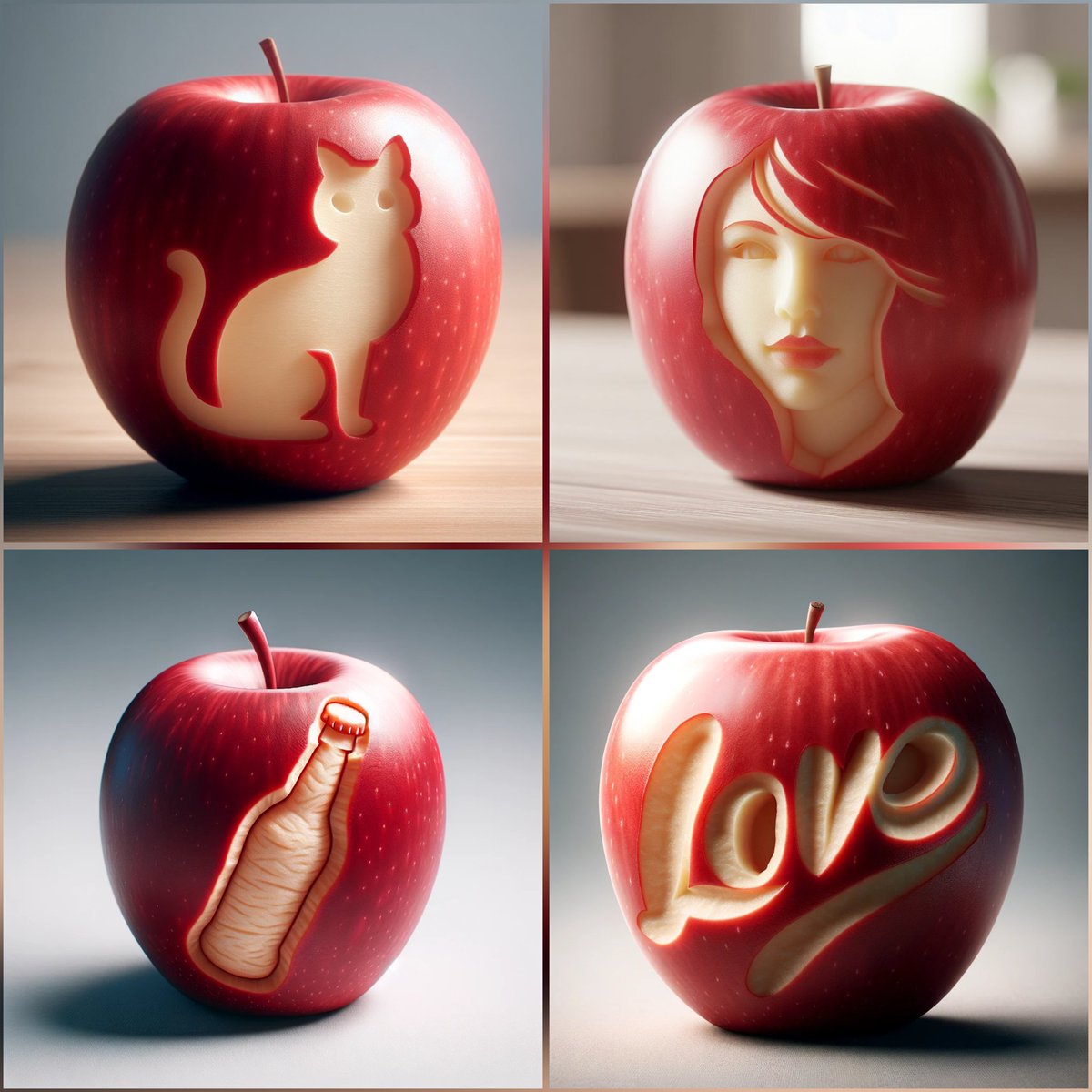 umesh_ai's tweet image. 🎨 PROMPT SHARE 🤖

DALL-E is great for imagining complex renderings!

Theme : Apple Carvings

✨ New Prompt 🚨: photorealistic image of a red apple with a carved shape of [OBJECT] on its side. The carving should be simple, removing the apple&apos;s outer red layer to reveal the pale…