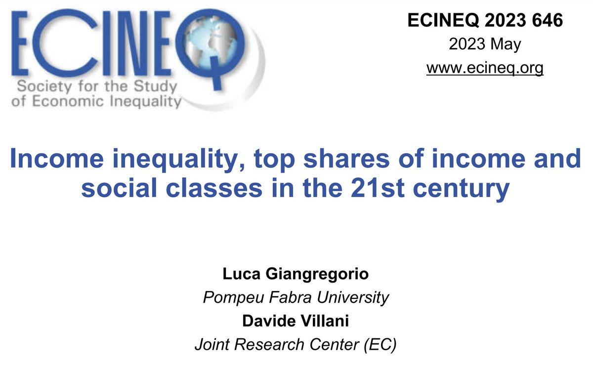 ECINEQ WP-646. L.Giangregorio, D.Villani use data on #Germany #Spain #Italy over 2000-2017 and show that although linear correspondence between income source and class location is more blurred today than it was 200 years ago, a class divide is still clear ecineq.org/2023/05/07/inc…