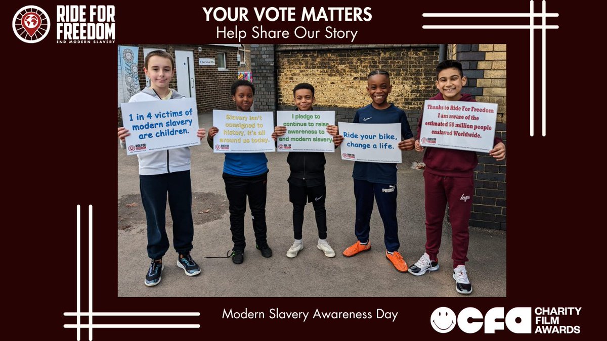 RideForFreedom2's tweet image. Ride For Freedom needs your support as we contend for the people&apos;s choice award in the @SmileyCFA  for our film Modern Slavery Awareness Day at @NorthburySchool. 
𝐕𝐨𝐭𝐞 𝐟𝐨𝐫 𝐭𝐡𝐞 𝐩𝐞𝐨𝐩𝐥𝐞𝐬 𝐜𝐡𝐨𝐢𝐜𝐞 𝐚𝐰𝐚𝐫𝐝 𝐡𝐞𝐫𝐞 - tinyurl.com/bddtz6vz
#CFA24