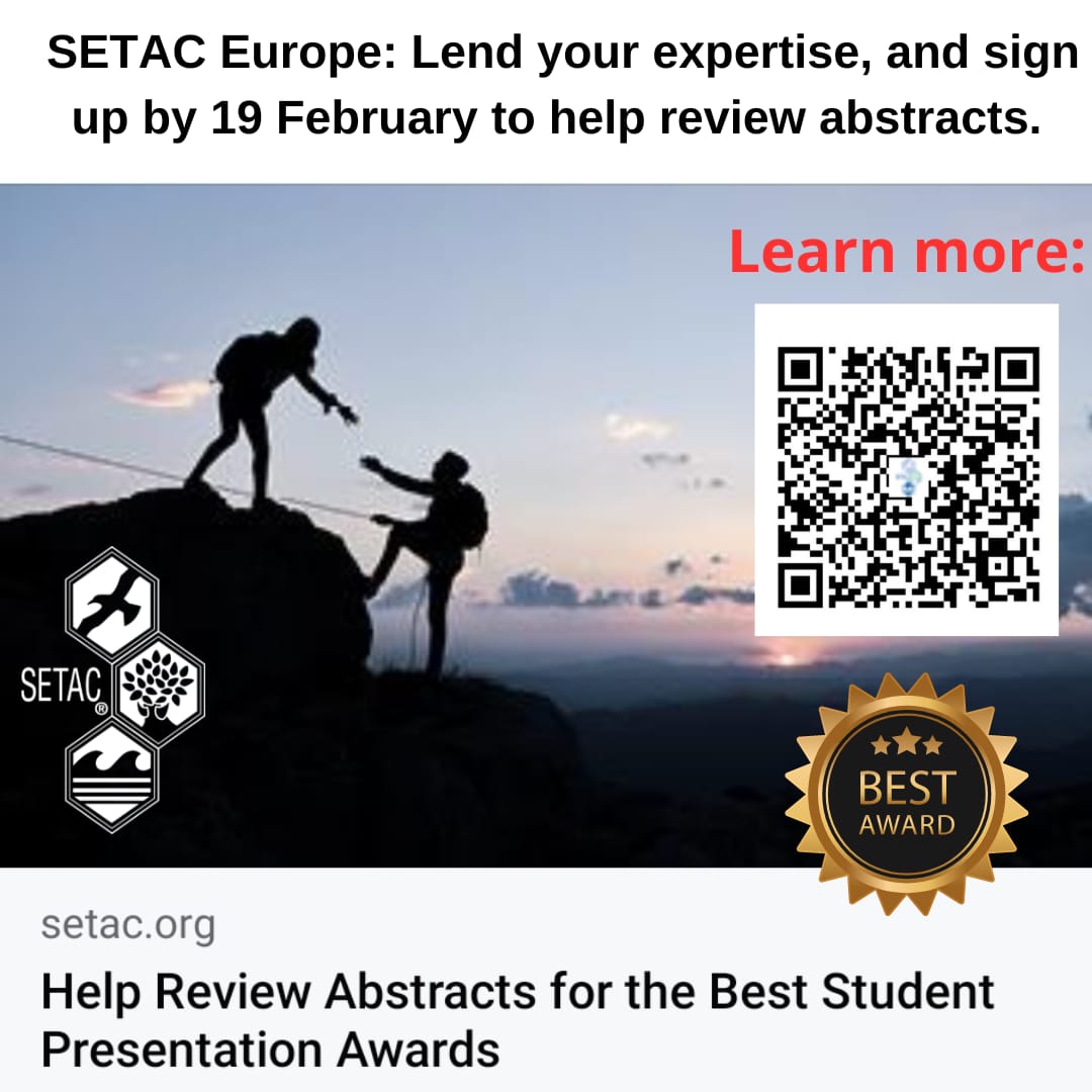 We're seeking reviewers to help evaluate abstracts for the SETAC Europe Best Student Presentation Awards.🌟 Many aspiring students and early careers have entered their presentations for consideration, #SETACSeville. Lend your expertise by 19 February to help review abstracts.