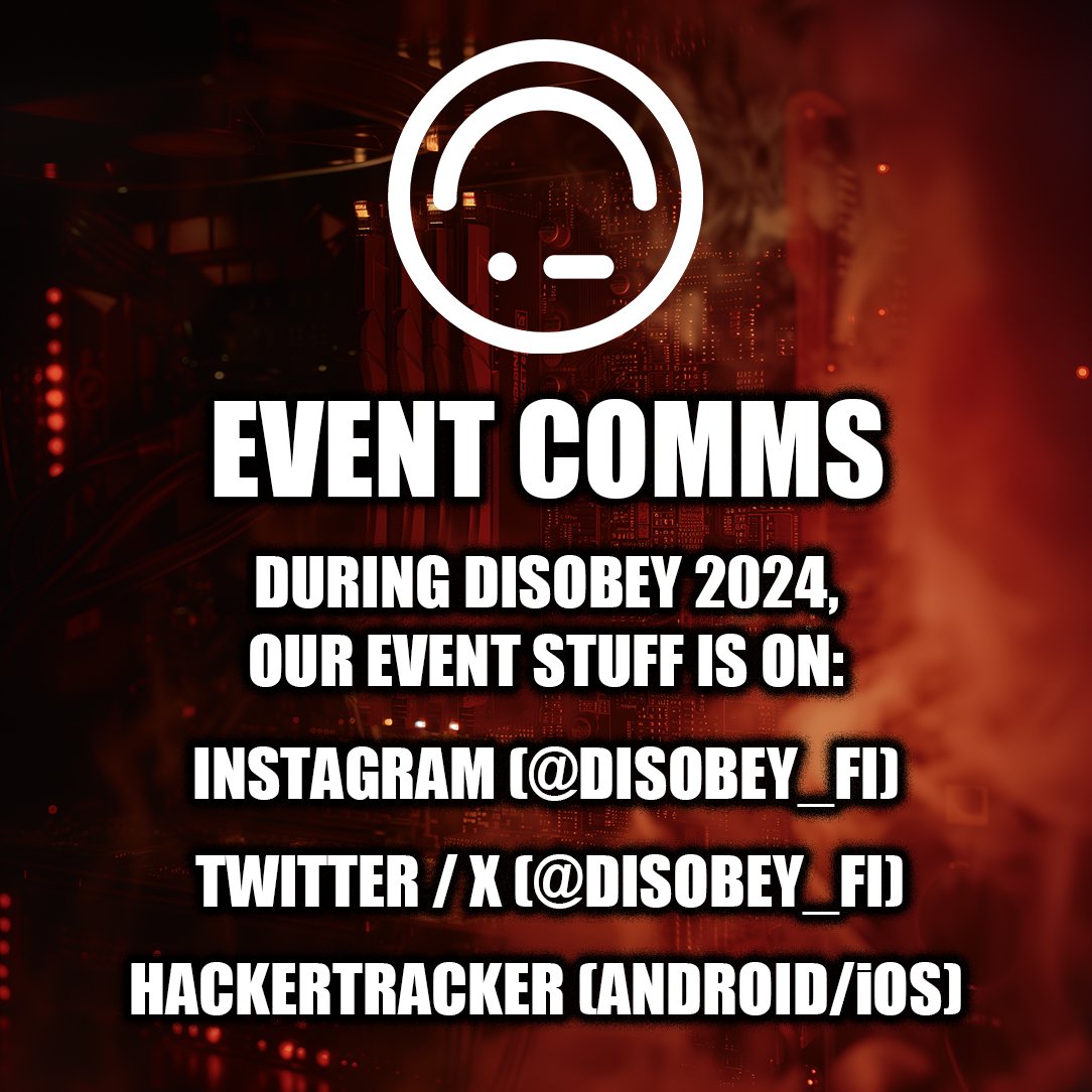 2 days to Disobey! During the event, we won't bombard all social media with all info. To get the most out of the event, find our posts and schedule info and changes here on Twitter / X and on Instagram. Get our schedule in mobile-friendly form on Hackertracker (iOS &amp; Android app)