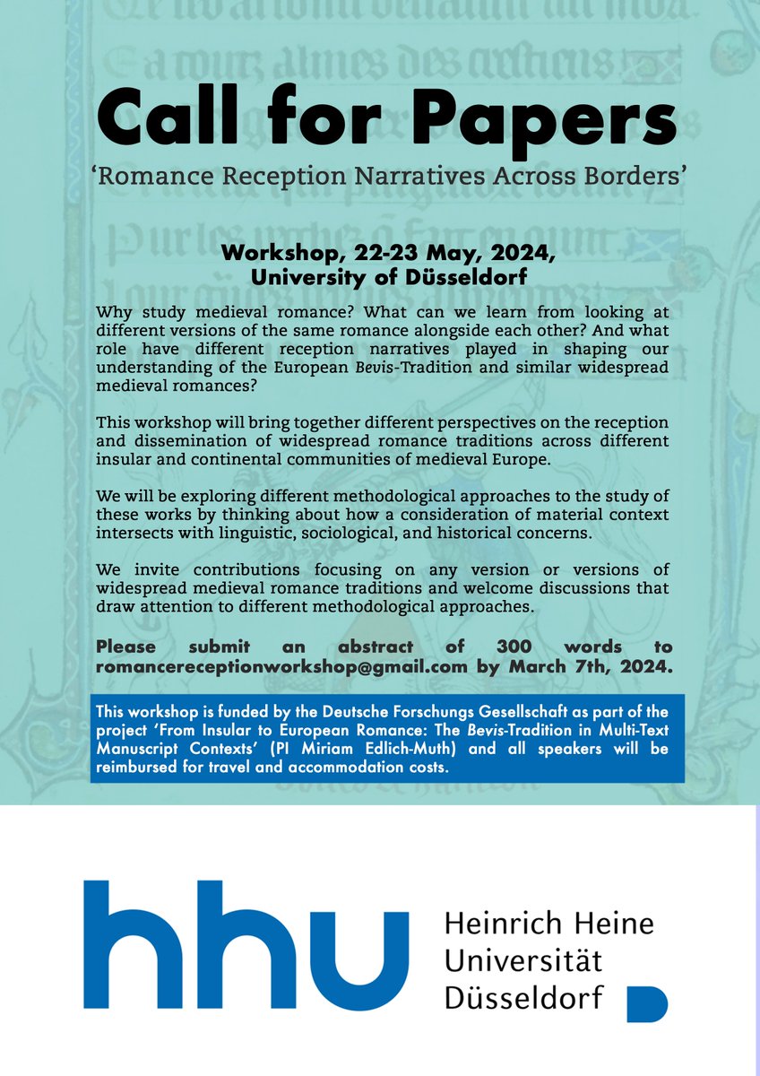Happy Valentine's Day! Treat your eyes to this exciting cfp for a workshop in May <a href="/HHU_de/">Heinrich-Heine-Universität Düsseldorf</a>, with travel and accommodation funded for speakers. #medievaltwitter #reception I'm not directly involved but I'm *very* excited about it, so please drop me a line if you have questions!