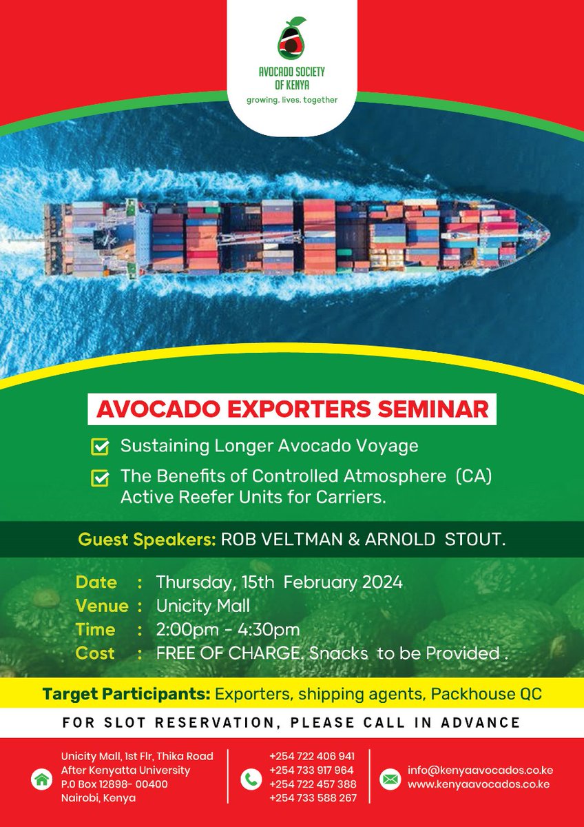 Dear Members,You are invited for a seminar loaded with tips on sustaining a longer avocado voyage. We have emminent international experts on Controlled Atmosphere Active reefer units for carriers. Call our numbers and reserve your slot. We got limited slots. Thank you.